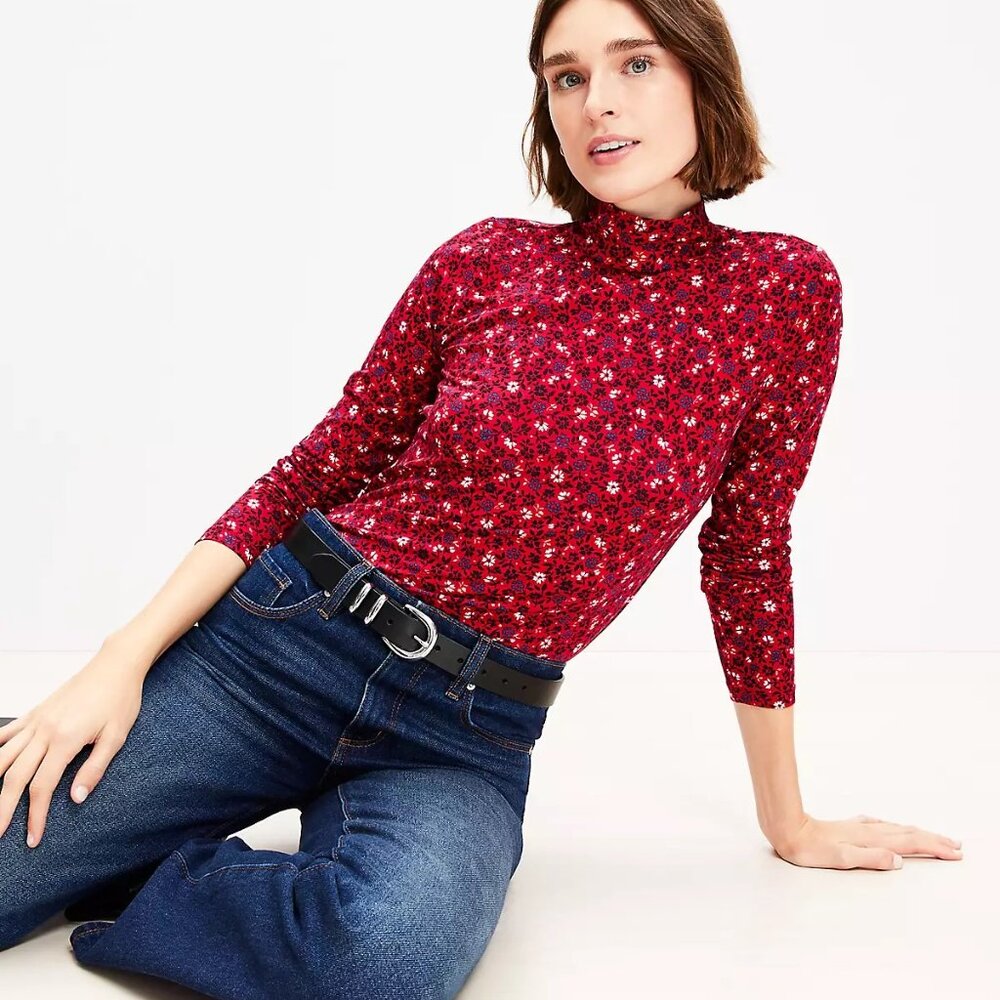 LOFT Floral Long Sleeve Turtleneck Top L (Stretchy)